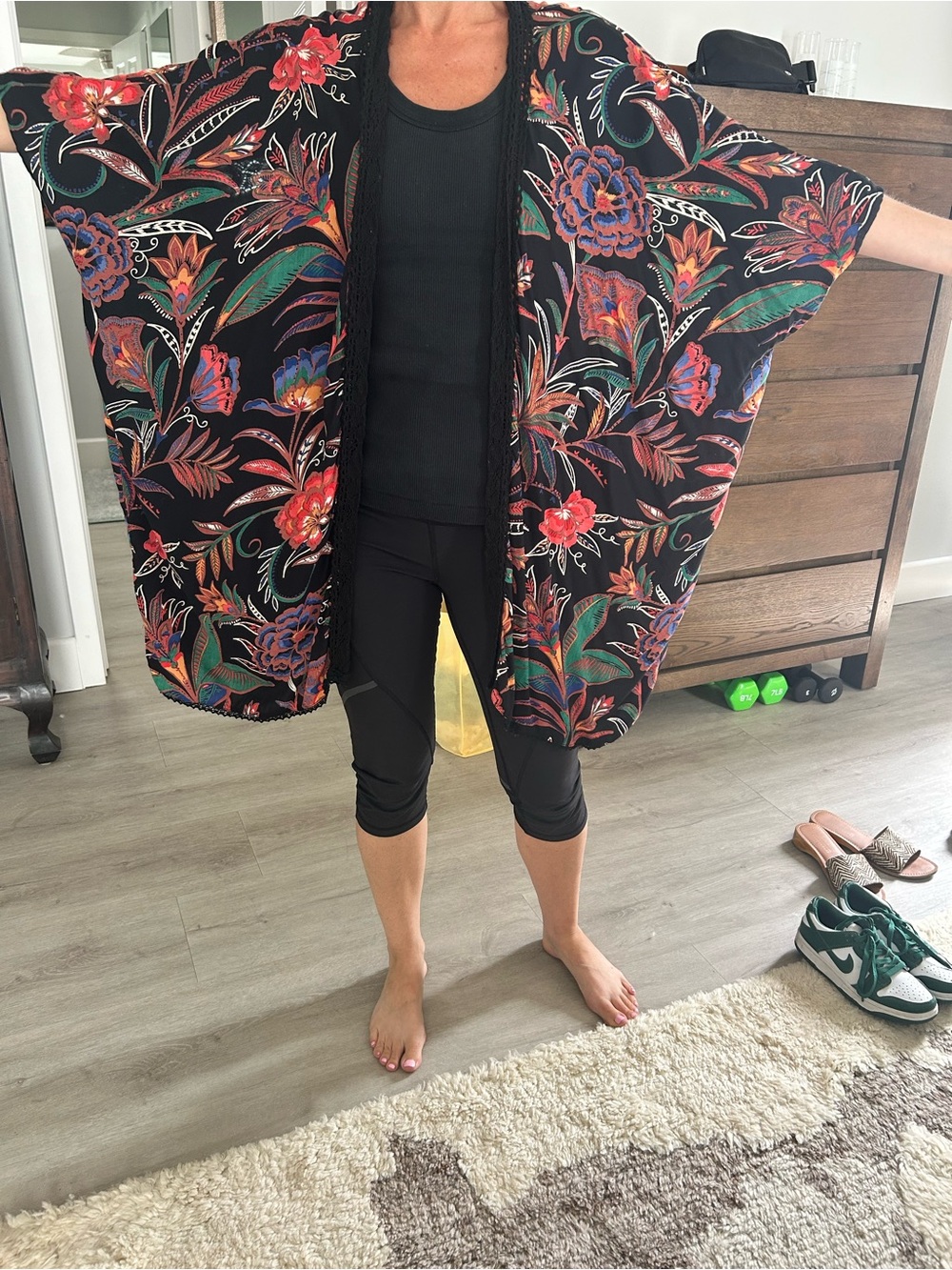 Angie Black Floral Open-Front Kimono Jacket - Black - Picture 3 of 4